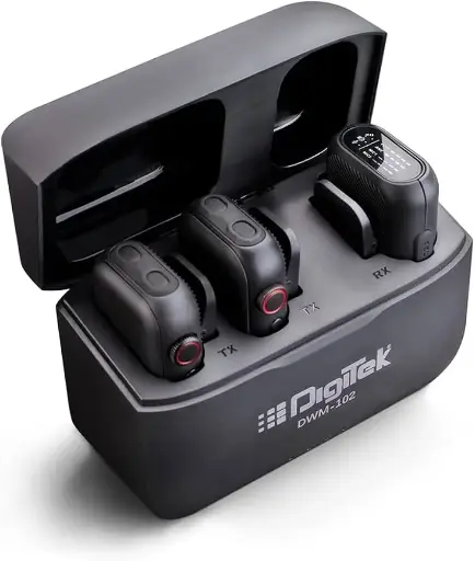 Digitek® (DWM-102) Wireless Microphone System with ANC Noise Reduction & 10-12 Hrs Working Time, Type C Power Adapter, 30m Range, Internal Recording, Versatile Modes, for Smartphone & DSLR Camera